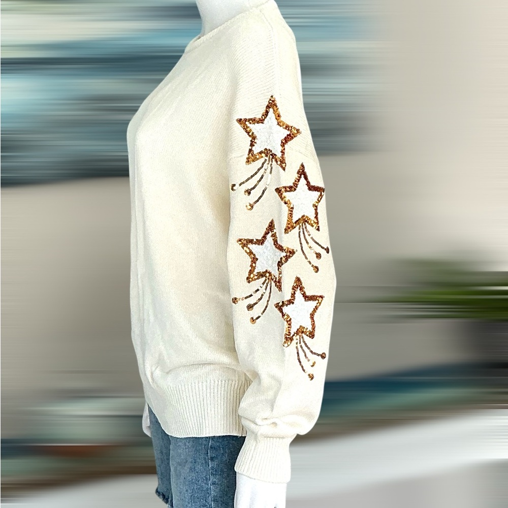 PEACH LOVE CALIFORNIA off white gold star beautiful sweater S M L - Picture 9 of 9